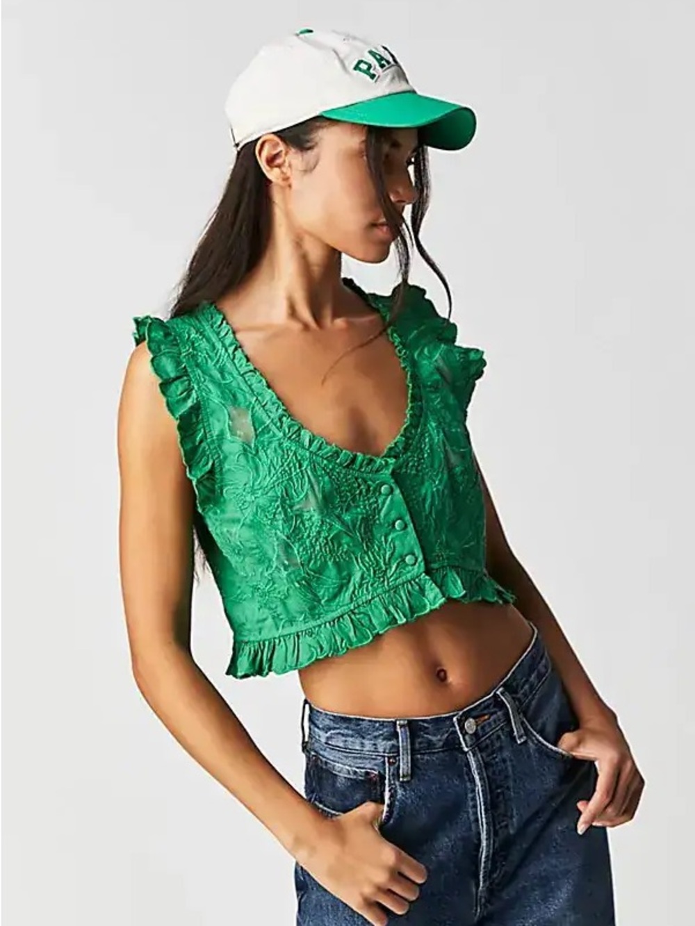 Free People Size Small All The Ways Green Top w/Lace and Embroidered Flowers